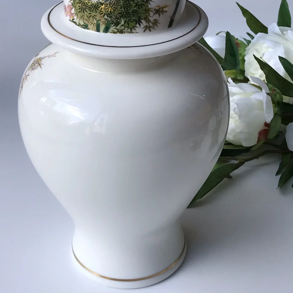 Vintage Otigiri OMC Japan Ceramic Floral Peacock Bird Ginger Jar